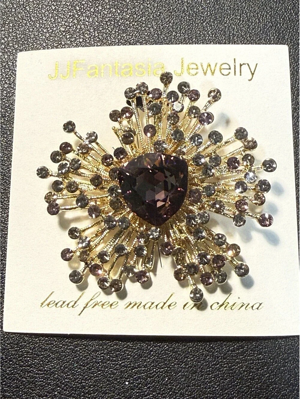 NEW JJ Fantasia 2000s Starburst Brooch Crystal Gold Smoky Amethyst, 2.5x2.5”